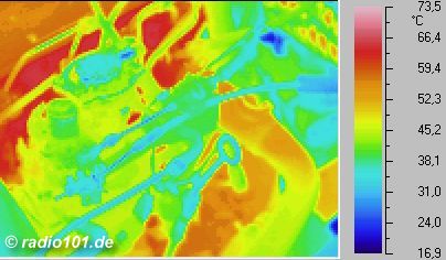 Thermography: Infrared image / thermal image: heat radiation of a VW Golf motor