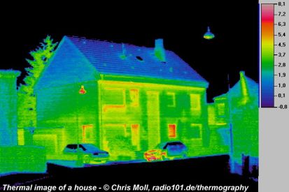 Thermal image of a house, example (you see the escaping warmth at the windows - click to enlarge) - Thermal imaging Camera: IVN 770P
